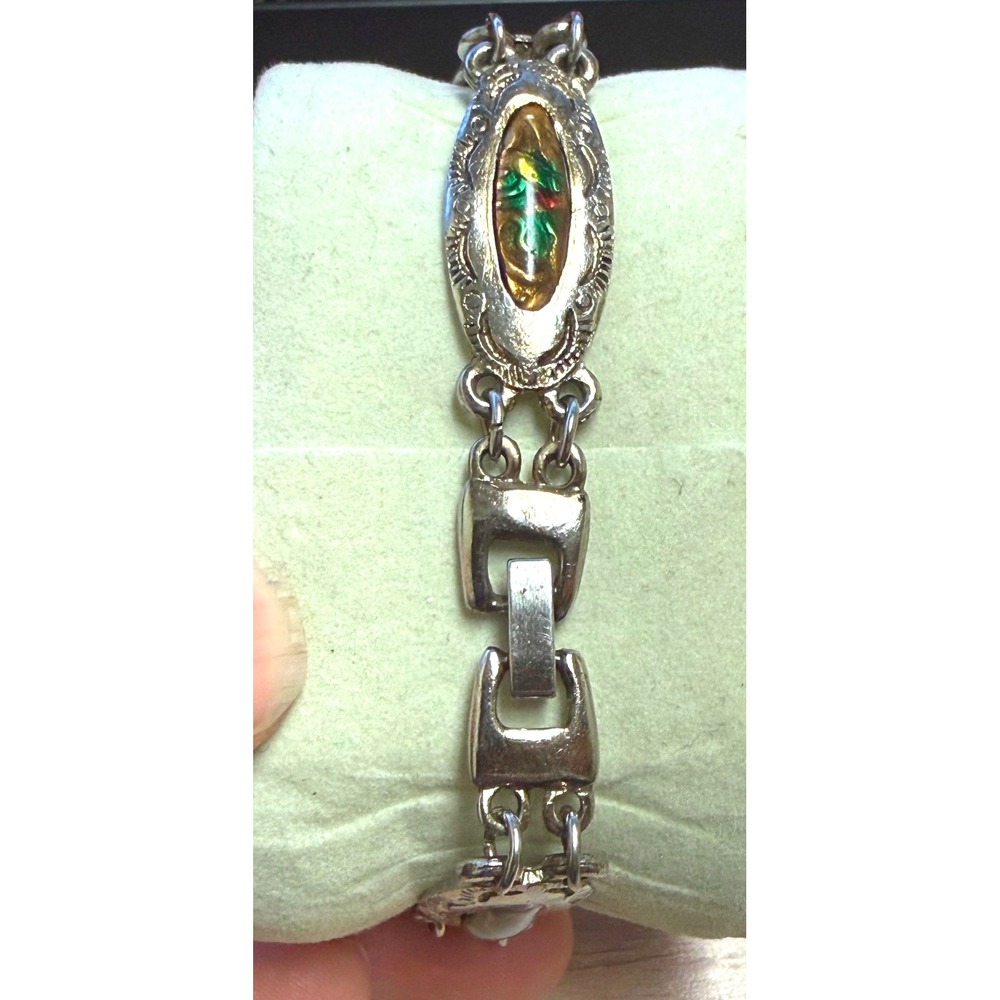Vintage Oval Enamel Inlaid Link Bracelet Gold Tone Silver‎ Tone